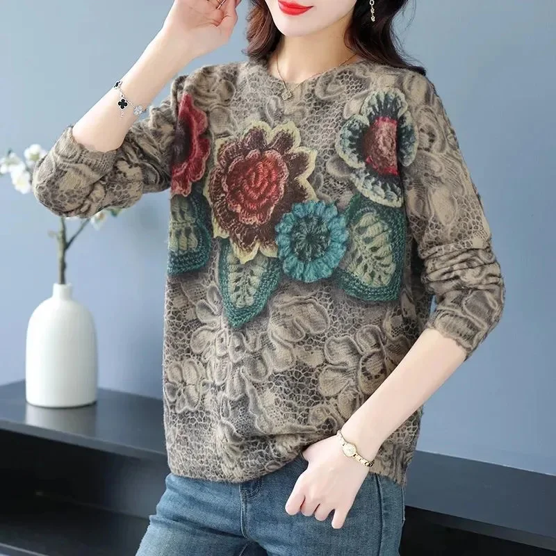 Imitation Mink Sweater Women\'s literature Retro Pullover 2024 Autumn Winter Loose Pullover Large Female Wear Round Neck Knitwear