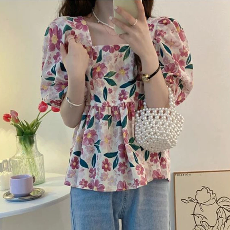 Vintage Printed Blouses Women Loose French Style Sweet Short-sleeve All-match Square Collar Streetwear Fashion Summer Aesthetic