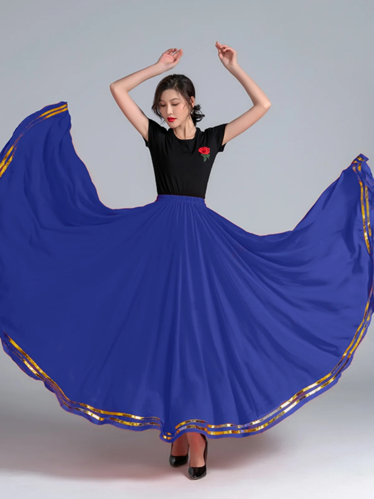 

n Sle Midi Skirt Chiffon Fabric Spring Summer New Arrival High Waist A-Line Pure Color Beach Square Dance Skirt