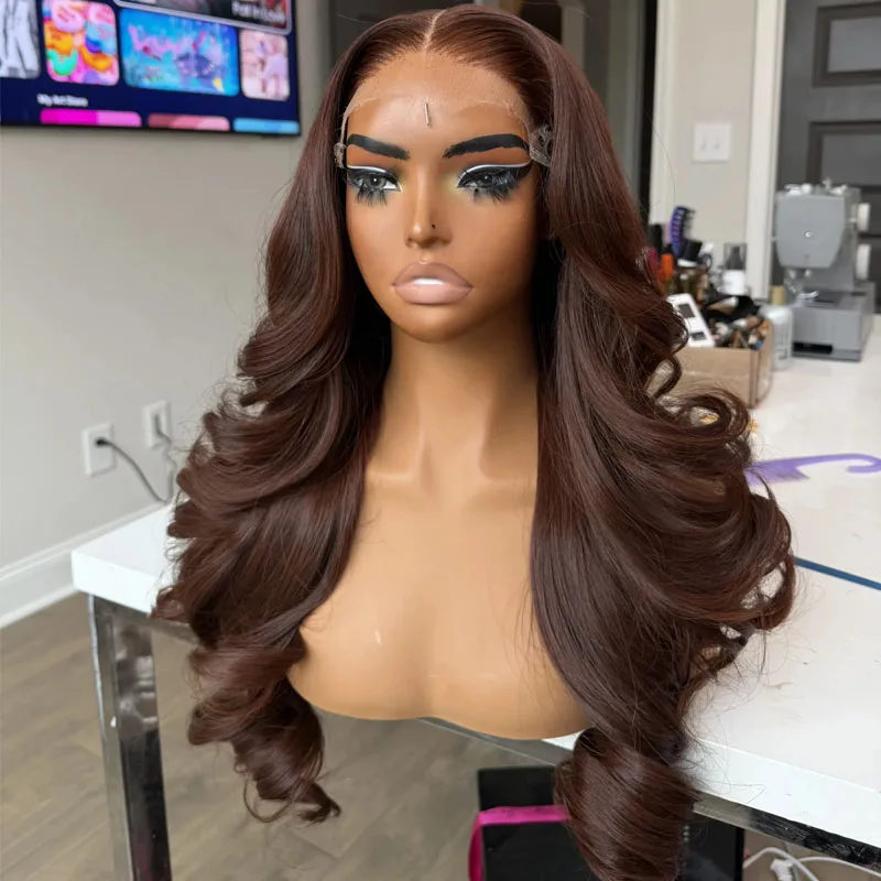 

Long Wavy Glueless Natural Hair Black Women Chestnut Brown 100% Human Hair Full Lace Wigs with Baby Hair Easy Wear 360 Lace Wigs