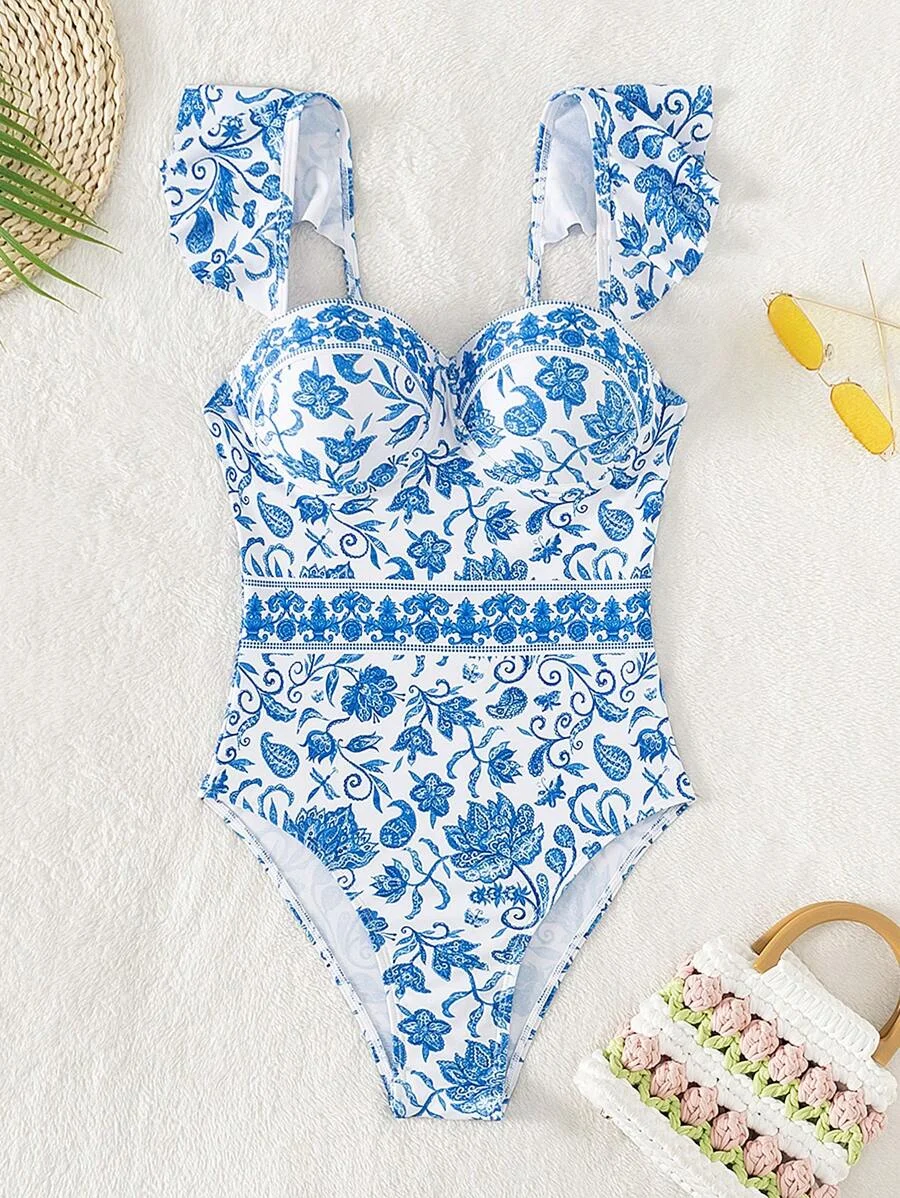 2023 Printed Swimsuit One Piece Ruffle Trim Push Up Swimwear Women Sexy Bathers Bathing Swimming Swim Suit Female Beachwear XXL