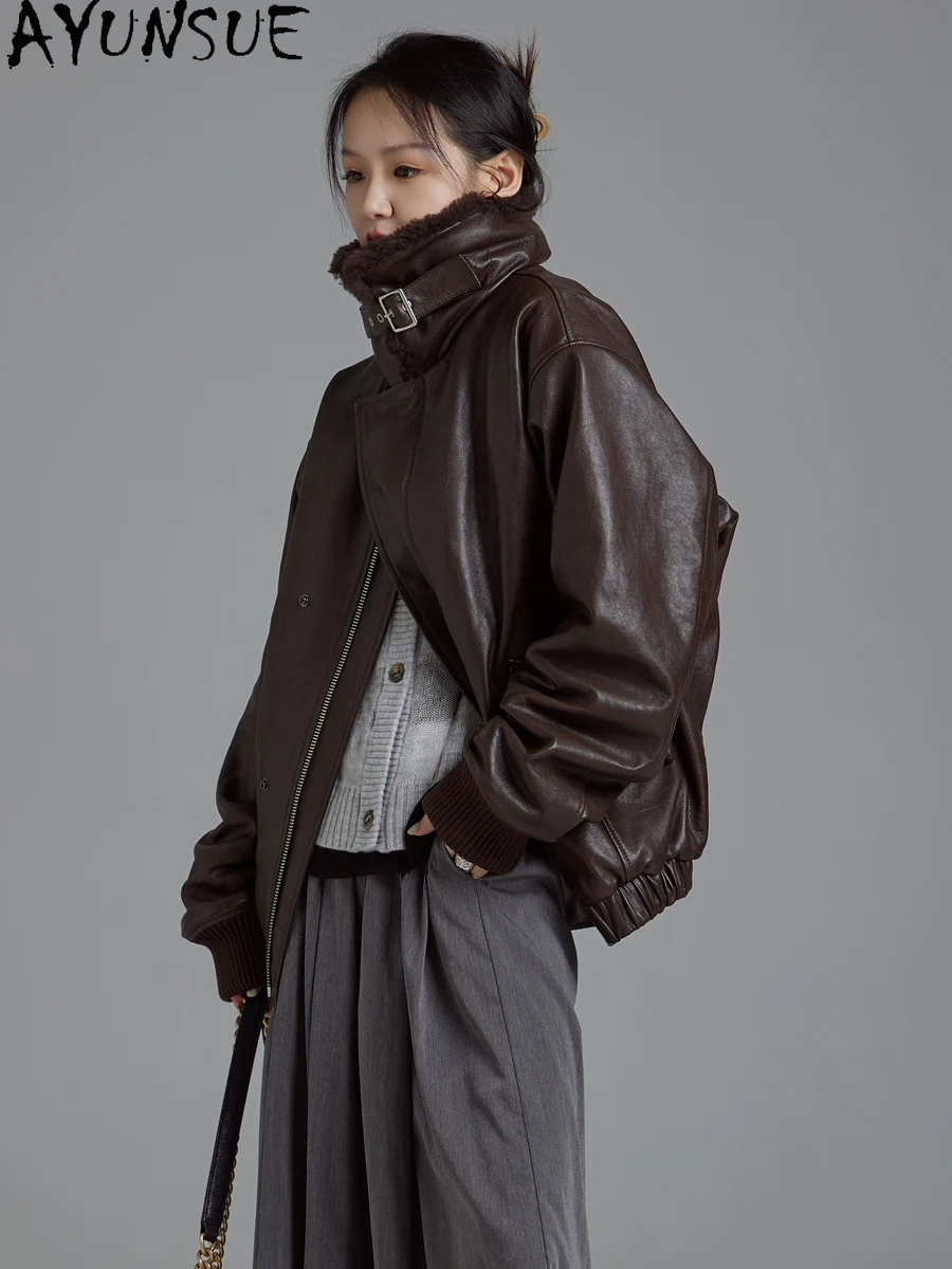 Ayunsue jaqueta de couro real mulher outono inverno jaquetas 2025 adicionar algodão genuíno casaco de pele carneiro feminino semi bronzeamento vegetal