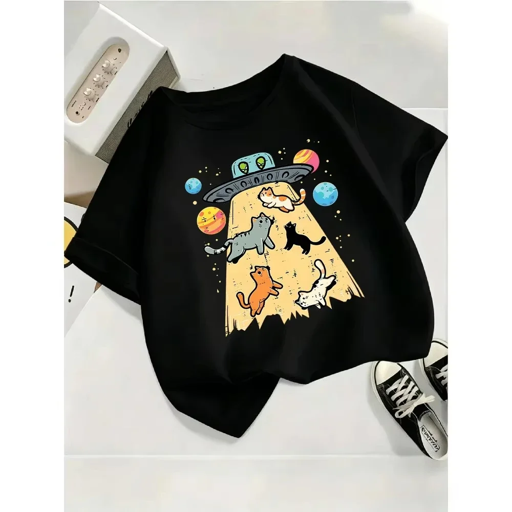 Cartoon Alien Spaceship And Cats Graphic Children Tee O Neck Short Sleeve T Shirt Boys Girls Summer Casual Outfit