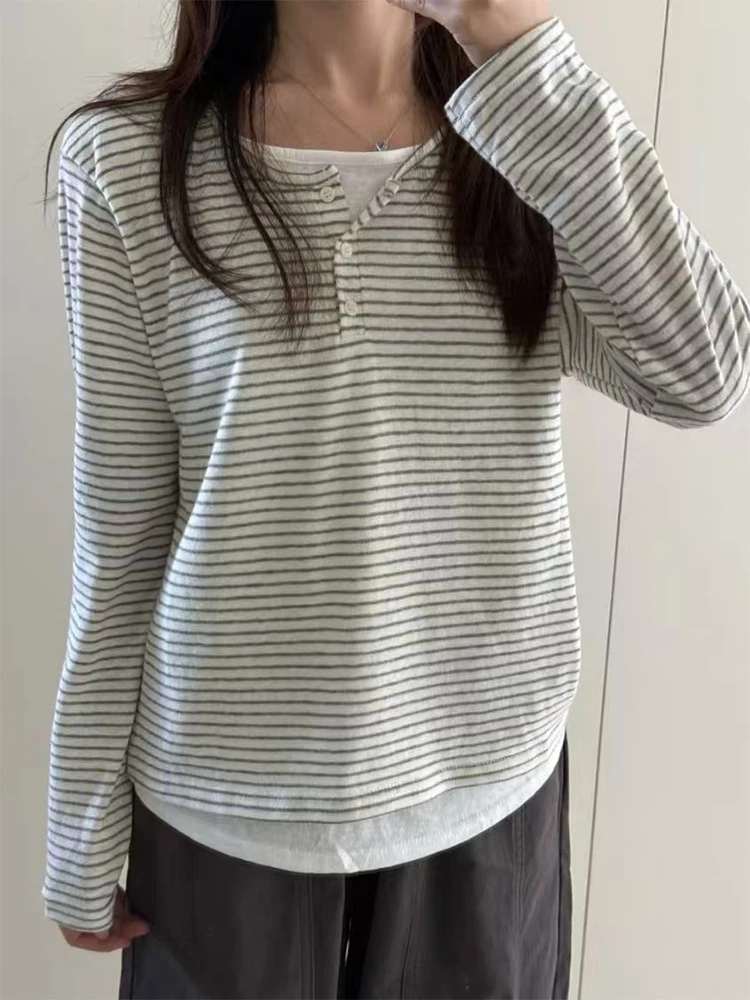 

Stripe Button Long Sleeve T-shirt Slim Fit Fake Two-piece Women's Top 2025 Autumn Fashion Casual Long Sleeve Tops