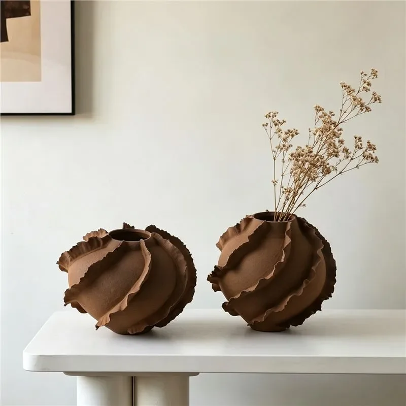 Handmade Wavy Edge Ceramic Vase Wabi Sabi Style Living Room Decor Creative Art Flower Holder Modern Home Ornament High End