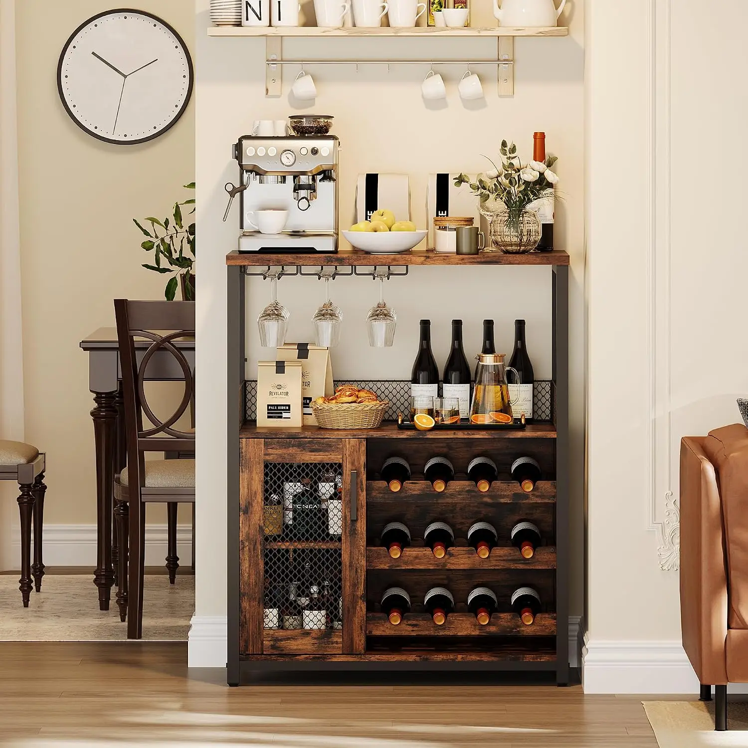 Vintage 3-Tier Bar Cabinet with Adjustable Shelves Glass Holders Mesh Door Wine Storage , Customized