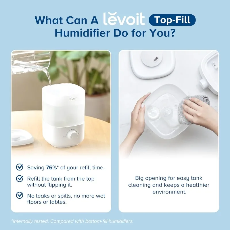 Fill Humidifiers for Bedroom, 2.5L Tank for Large Room, Easy to Fill & Clean, 28dB Quiet Cool Mist Air Humidifier for