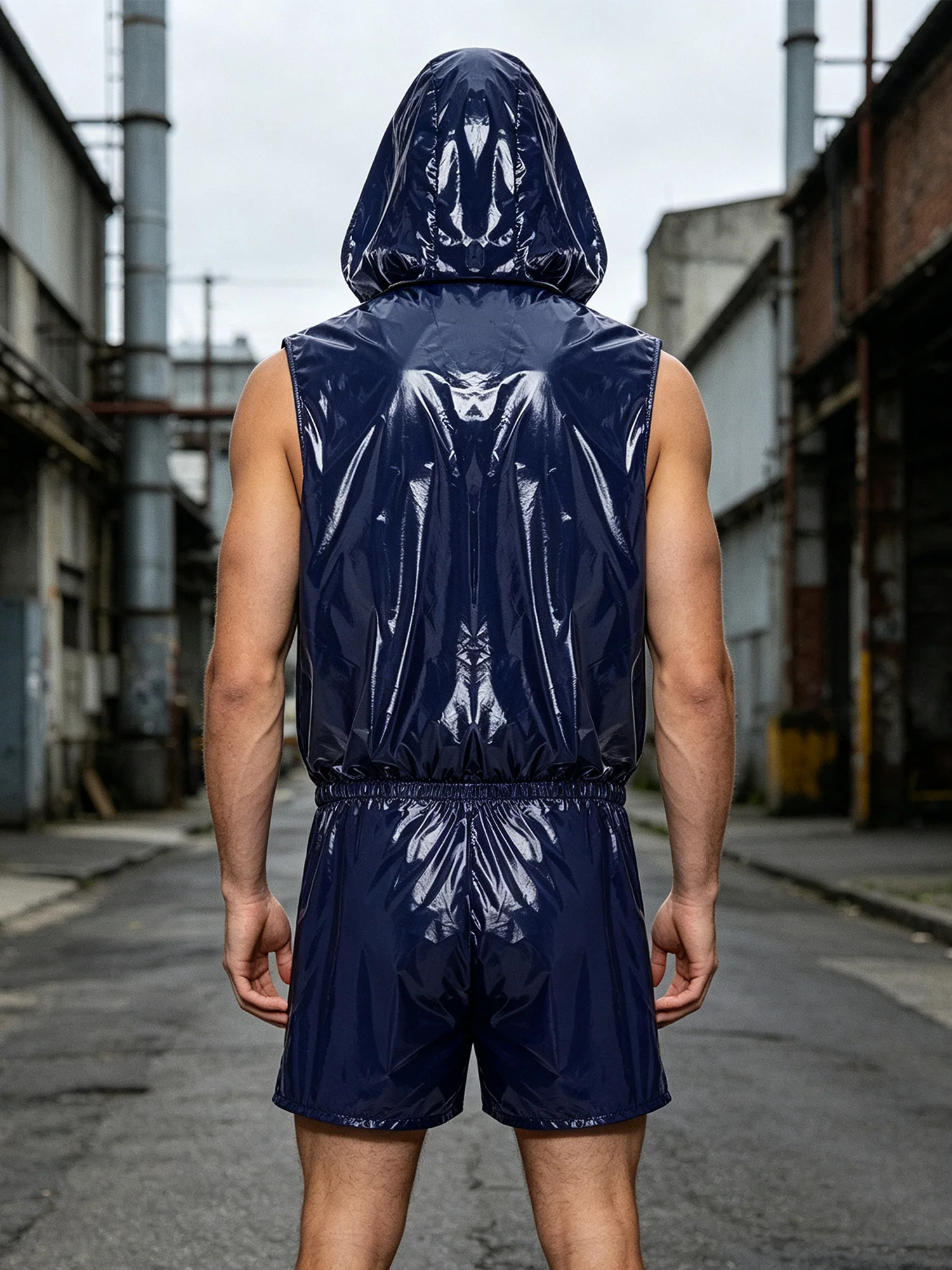 Mens Waterproof Hooded Vest Shorts Set Tracksuit Glossy Costume Front Zipper Waistcoat with Hood And Built-in Briefs Boxer Short view 3