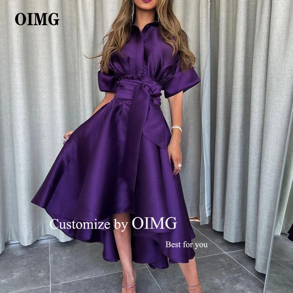 

OIMG Grape Purple Vintage Satin Formal Evening Dresses Half Sleeves V Neck Long Saudi Arabic Women Baby Blue Prom Gowns