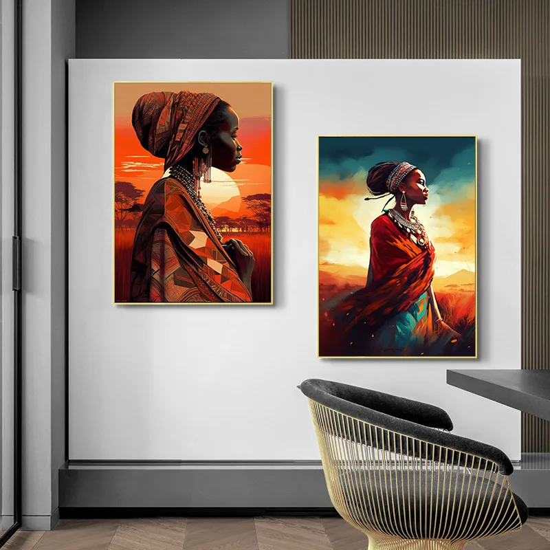 Dusk Sunrise African Black Women Oil Painting Colorful Figure Posters and Prints Modern Wall Art Figure Hanging Paintings