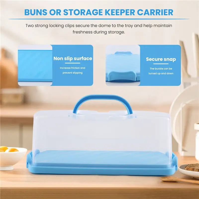 AS63-Portable Bread Box With Handle Loaf Cake Container Plastic Rectangular Food Storage Keeper Carrier 13Inch Translucent Dome