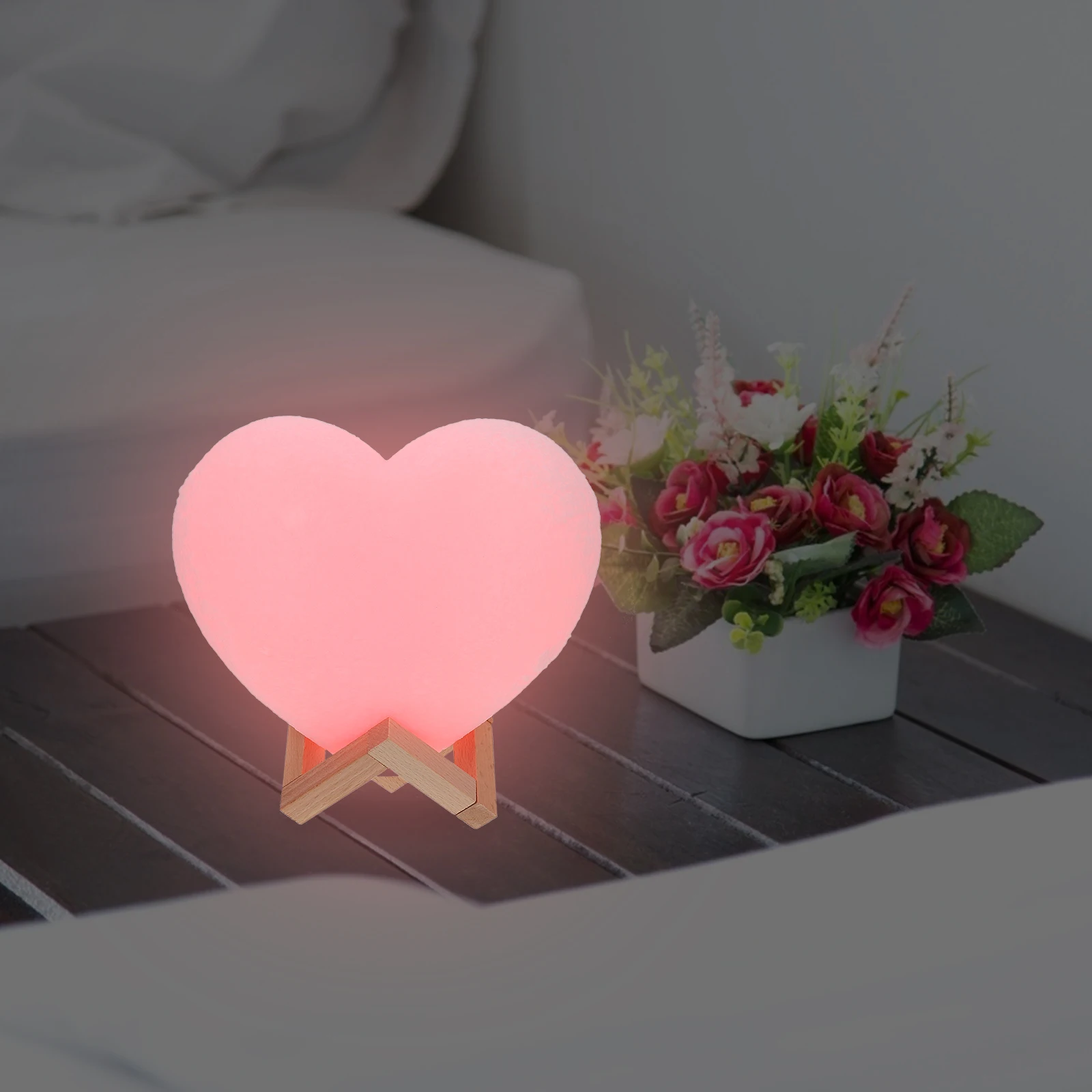 

Heart Shaped Wooden LED Rechargeable Bedroom Decor Small Desktop Bedside Lamp Heart Night Lamp Size Desktop Warm Light