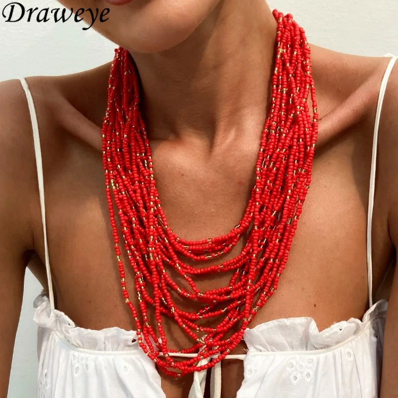 

Draweye Bohemia Beads Necklaces for Women Hyperbole Vintage Multilayered Fashion Jewelry American Style Collares Para Mujer