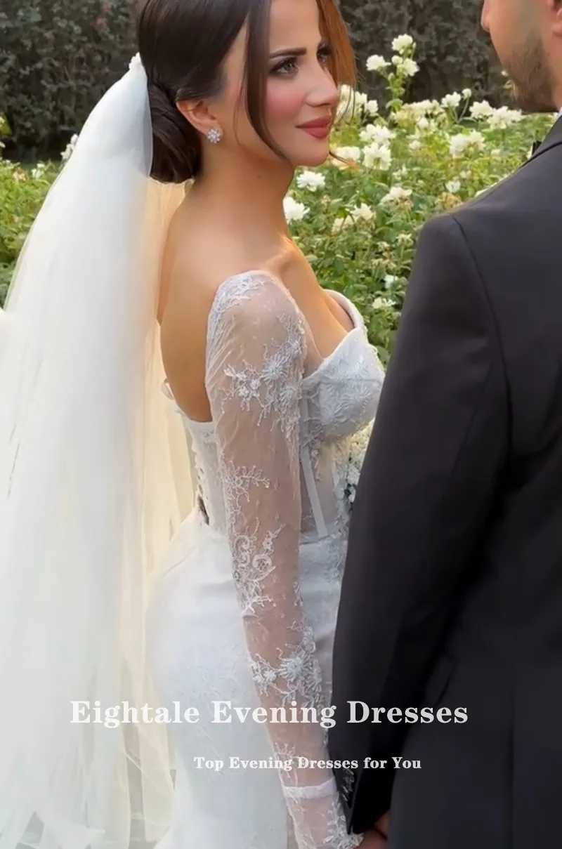 Abiti da sposa arabi Eighale maniche lunghe Sweetheart pizzo sirena bianco avorio raso corte strascico abiti da sposa personalizzati