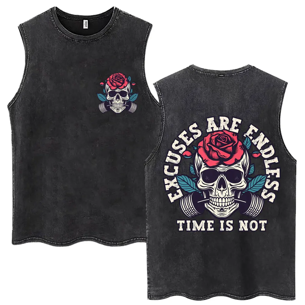 Washed Excuses Are Endless Time Is Not Gym Tank Tops Men Women Fitness Summer Sleeveless T-shirt Skeleton Oversized Cotton Vests