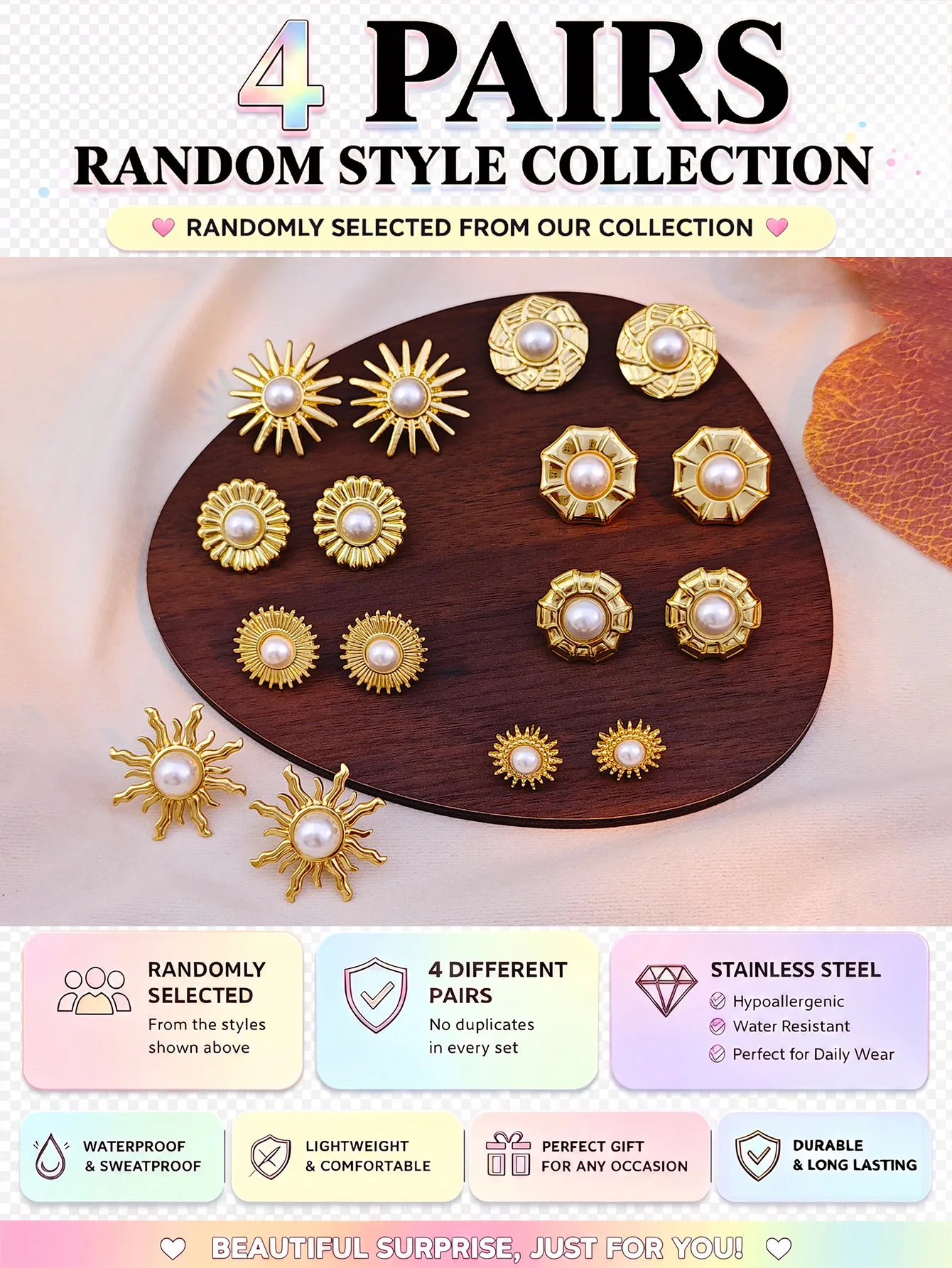 4 Pairs Random Style Stainless Steel Stud Hoop Earrings Set, Everyday Cute Jewelry for Women, Hypoallergenic Lightweight Gift