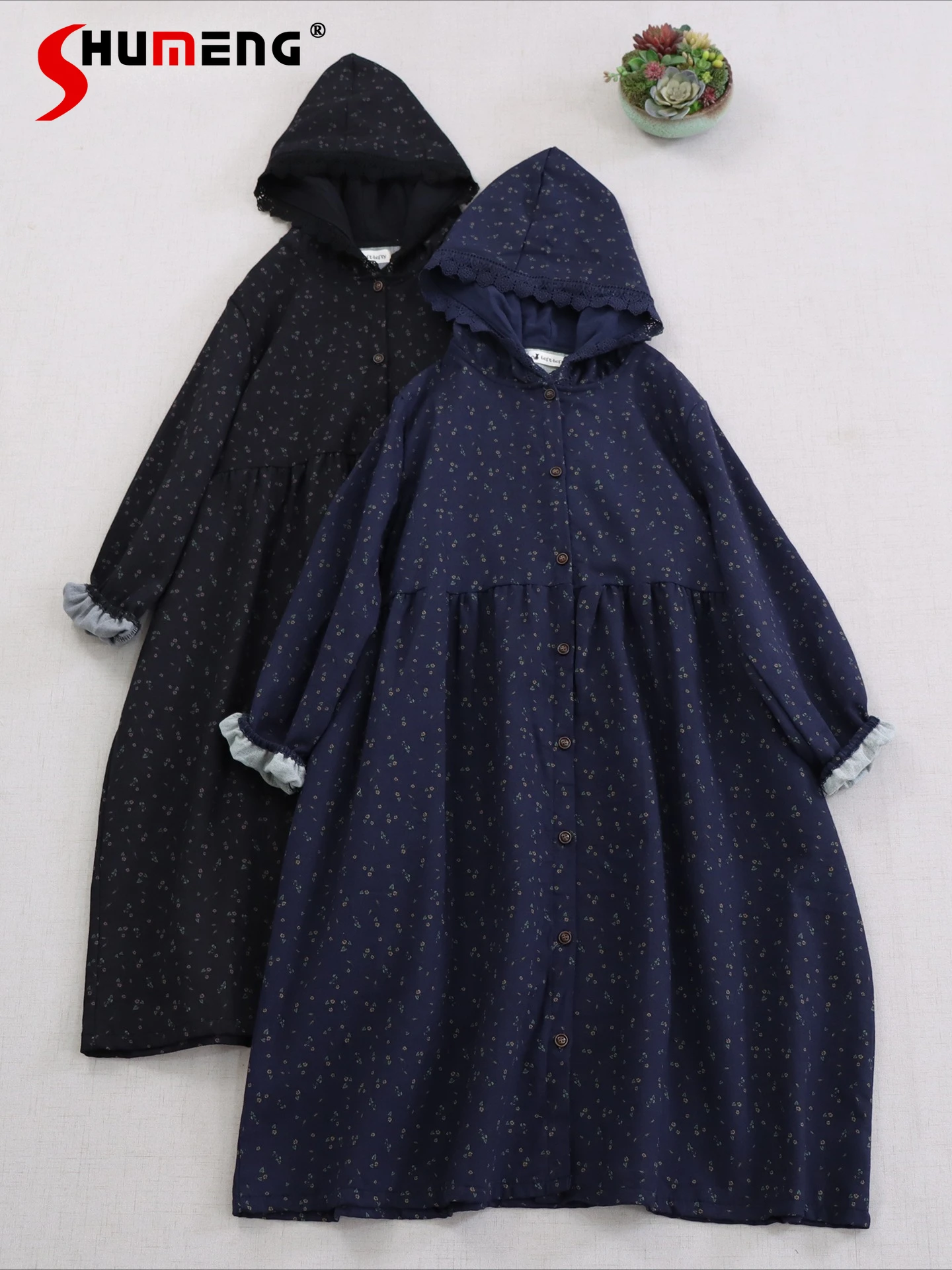 

Japanese Mori Girl Style Elegant Sweet Floral Hooded Long Sleeve Dress Loose Casual Single-Breasted Long Dress for Women Autumn