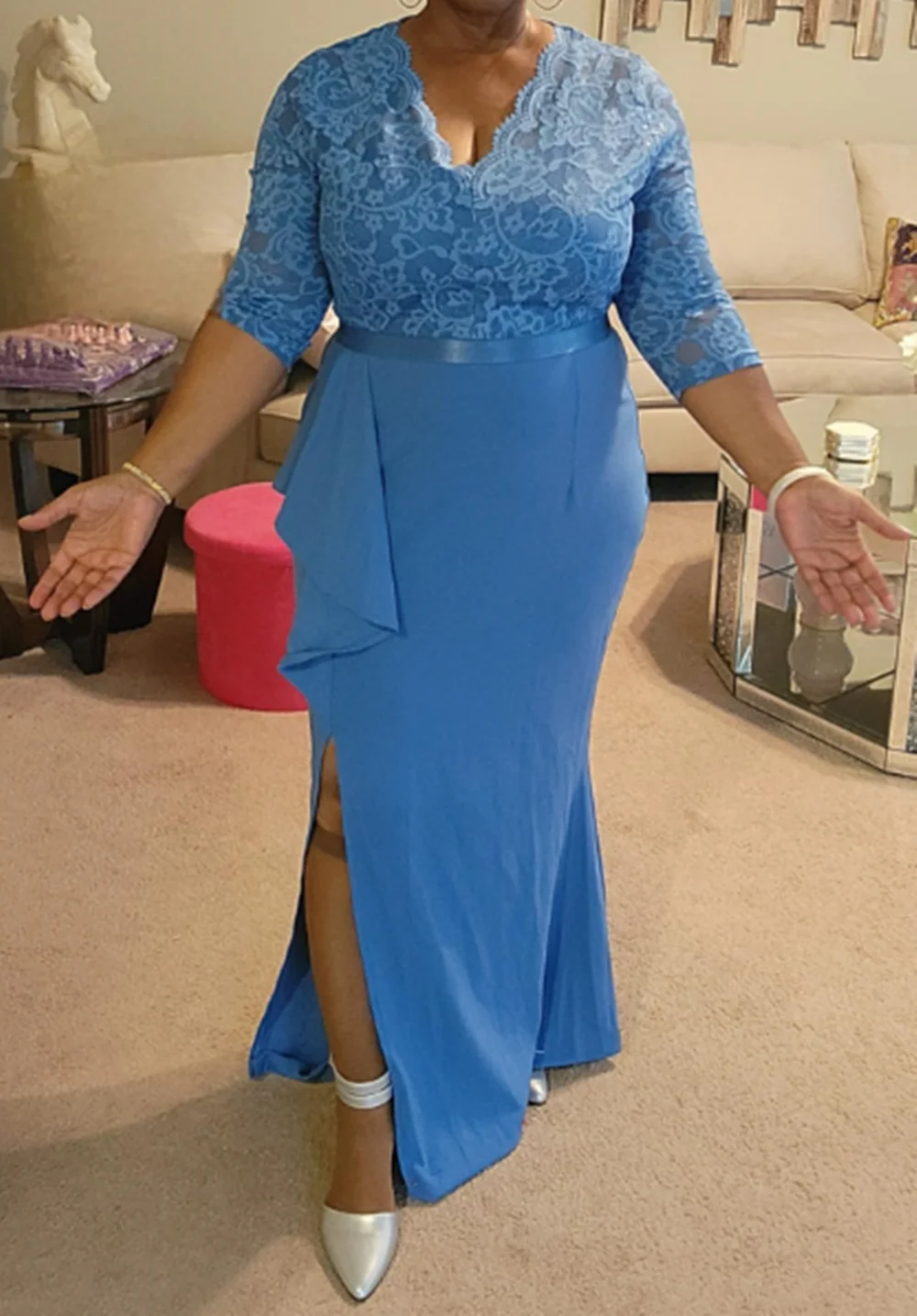 Elegant A-line Evening Dress, Black Lace Half-Sleeve V-Neck Party Dress, Formal Long Prom Dress, Customizable