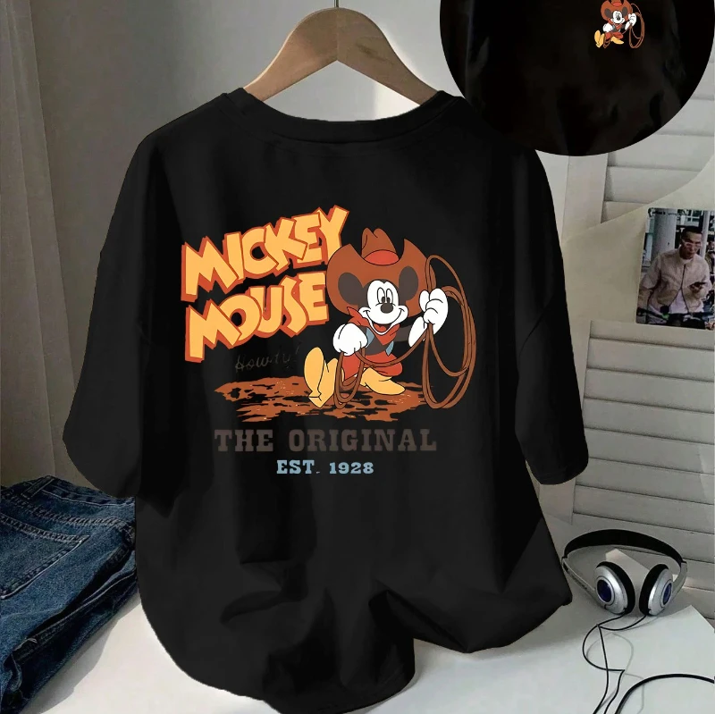 

Джинсовая футболка с принтом Микки Диснея, повседневный топ с короткими рукавами и круглым вырезом, подходит для женской одежды весной и летом