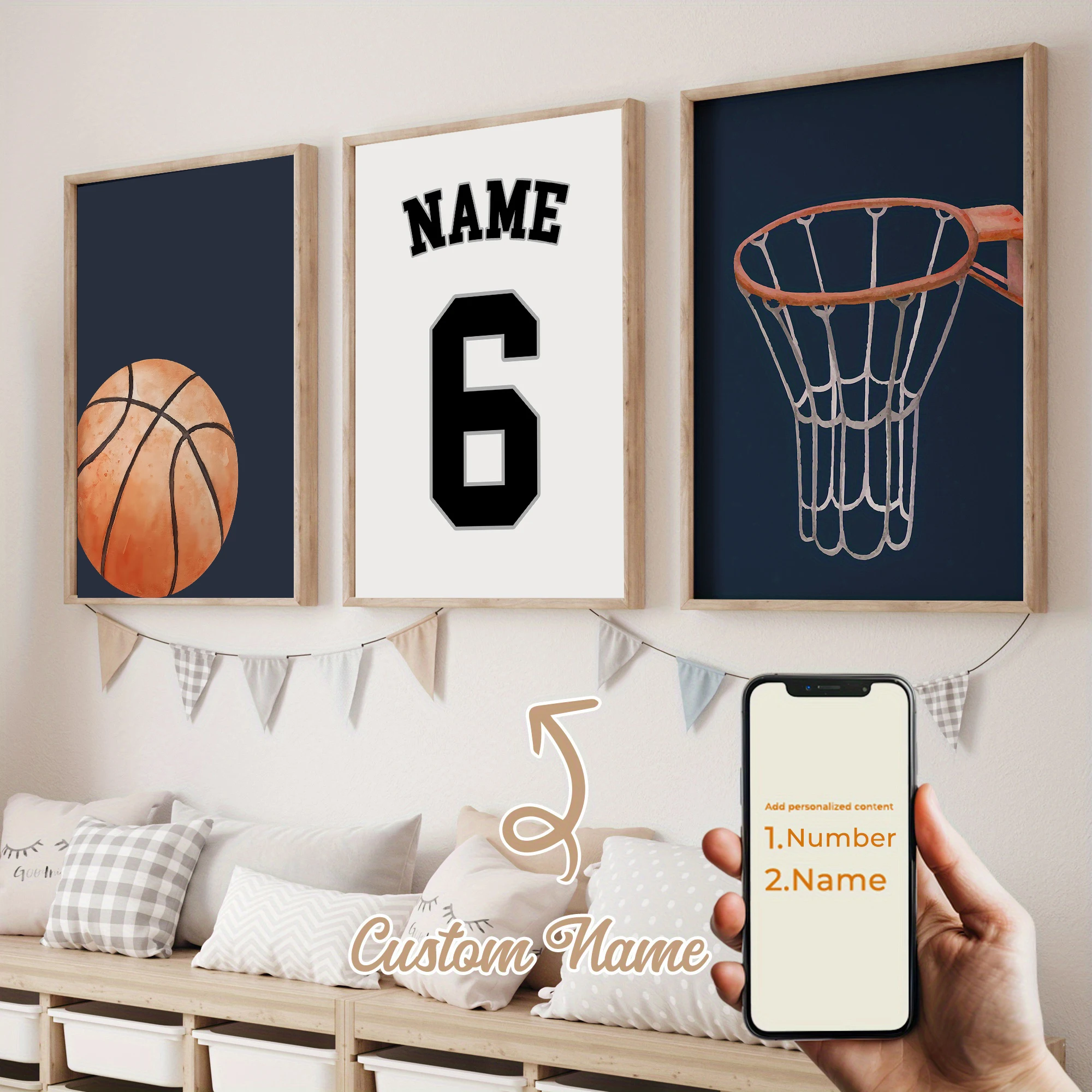 3 unids/set de baloncesto personalizado de dibujos animados, nombre personalizado, número, impresión en lienzo, póster artístico de pared deportivo de tiro vibrante para decoración del hogar