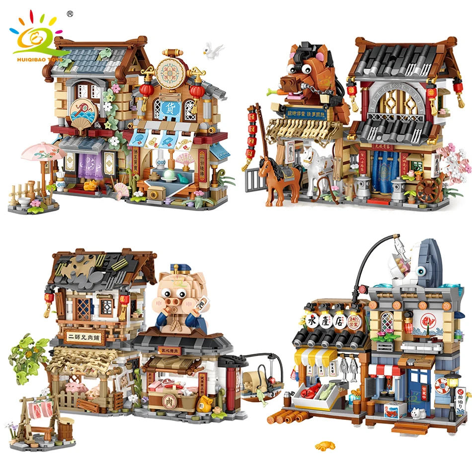 HUIQIBAO City Mini Chinese Street View Grocery Store Meat Shop Building Blocks Japanese Food  Ice Shop Figures Bricks Toys Child