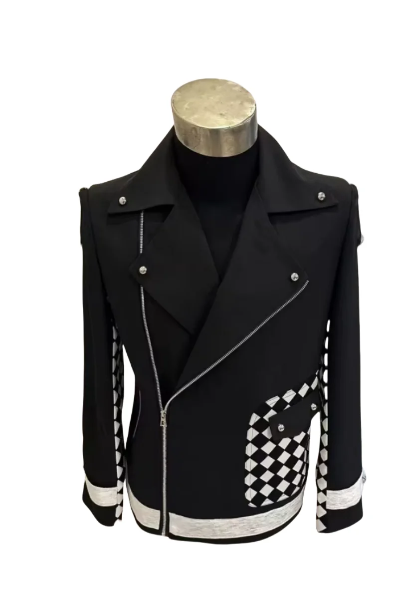 Fashion Men\'s Slim Fringe Suit Jacket Black white splicing Chain Epaulet Coat Bar Party Stage Show Dancer Performance Costumes