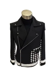 Fashion Men's Slim Fringe Suit Jacket Black white splicing Chain Epaulet Coat Bar Party Stage Show Dancer Performance Costumes