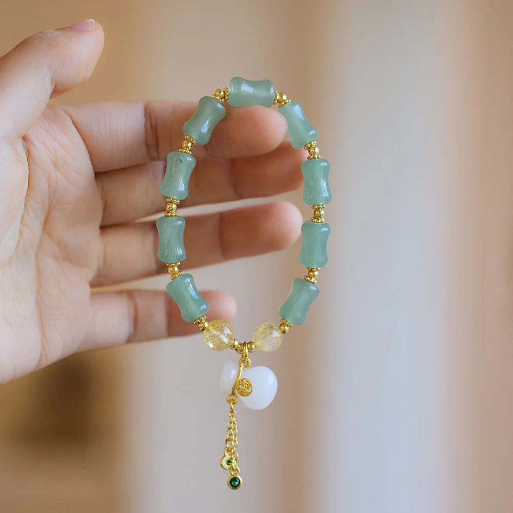 

Bamboo Beads Natural Green Jade Lucky Money Bag Pendant Stretch Beaded Bracelets for Women Female Fine Jewelry Wholesale YSL979
