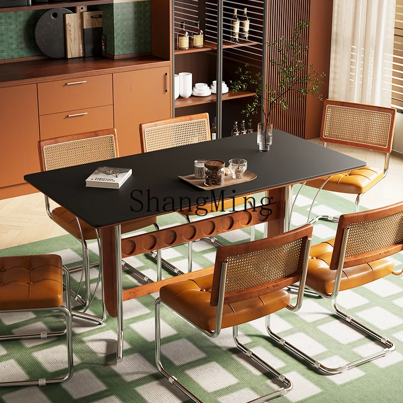 

HJ rock slab dining table and chair combination homestay small household medieval long table rectangular solid wood dining table