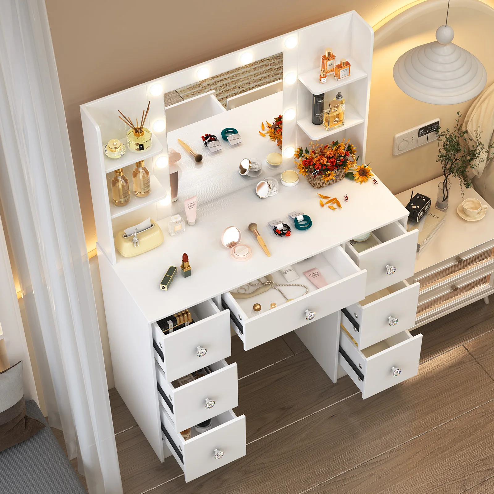 طاولة زينة خشبية معاصرة مع مرآة مضيئة - 3 أوضاع قابلة للتعتيم وأدراج وتخزين