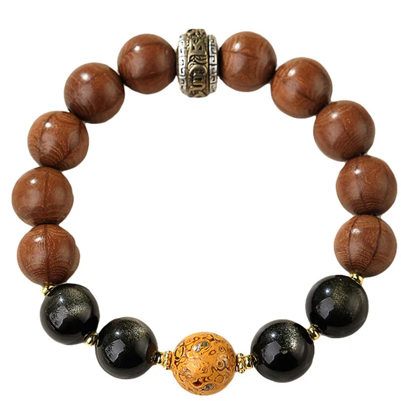 

Natural Obsidian & Six Paths Wood Lacquer Fortune Bead Bracelet: Chinese Style Valentine's Gift for Boyfriend