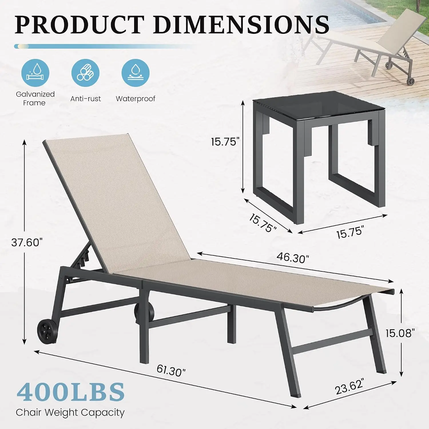 3 Piece Outdoor Lounge Chair Set 2 Patio Chaise Lounges with Wheels | w/Side Table Adjustable 5-Position Reclining Rust Free