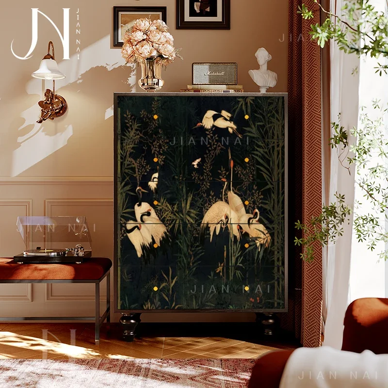 TAO French Chinese style five buckets and six buckets, bamboo forest crane picture, living room against the wall, drawer cabinet