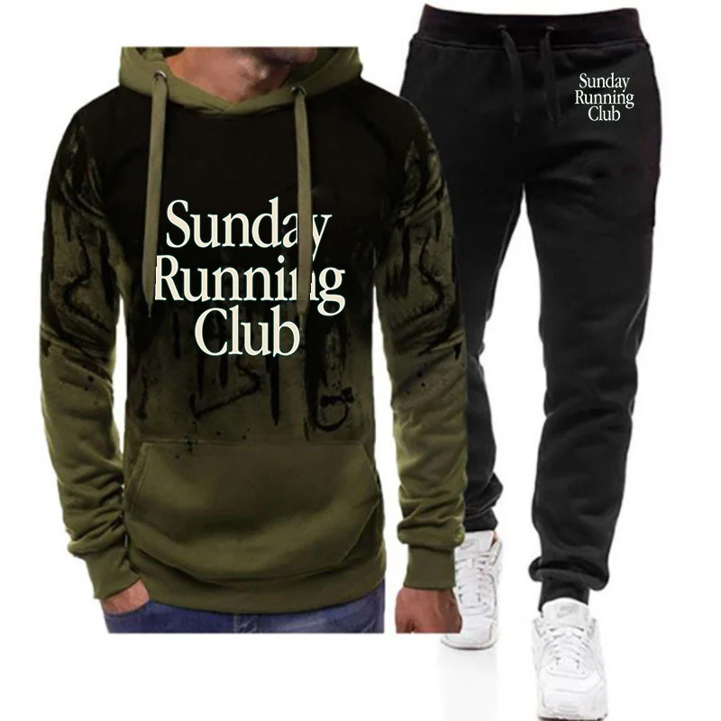 

2026 sunday running club Print Spring And Autumn Men's New Gradient Color Drawstring Fashion Hoodies+Sports Long Pants Suit