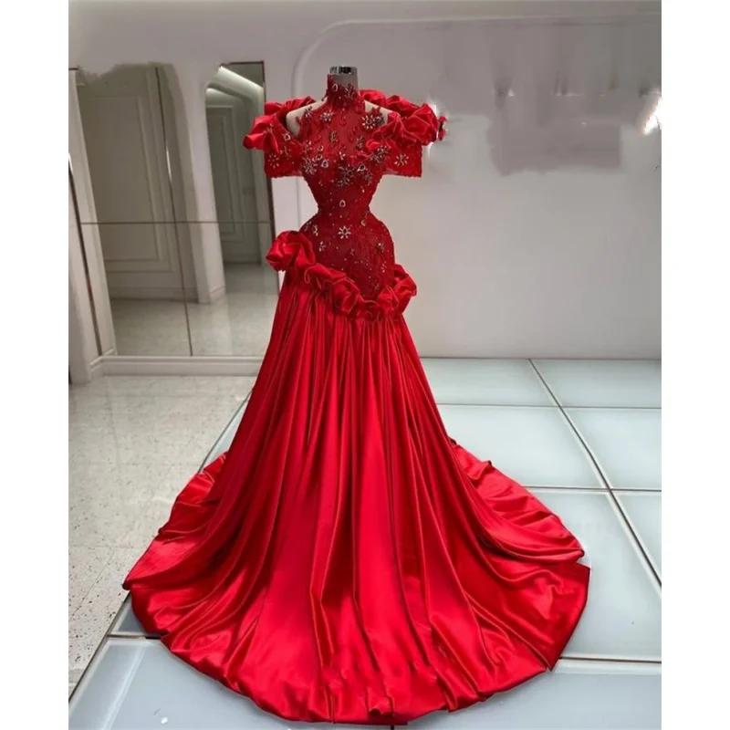 Customized Gorgeous Red Graduation Gowns Ruffled High Neck Strapless Rhinestone Long Package Hip Party Dresses Evening Gowns