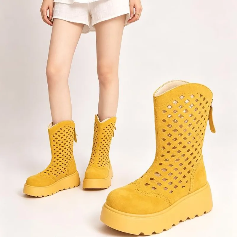 2026 New Summer Thin Breathable Mid Tube Boots Height Raising Women's Shoes Children's Thick Soled Cool Boots Mesh Horse Boots