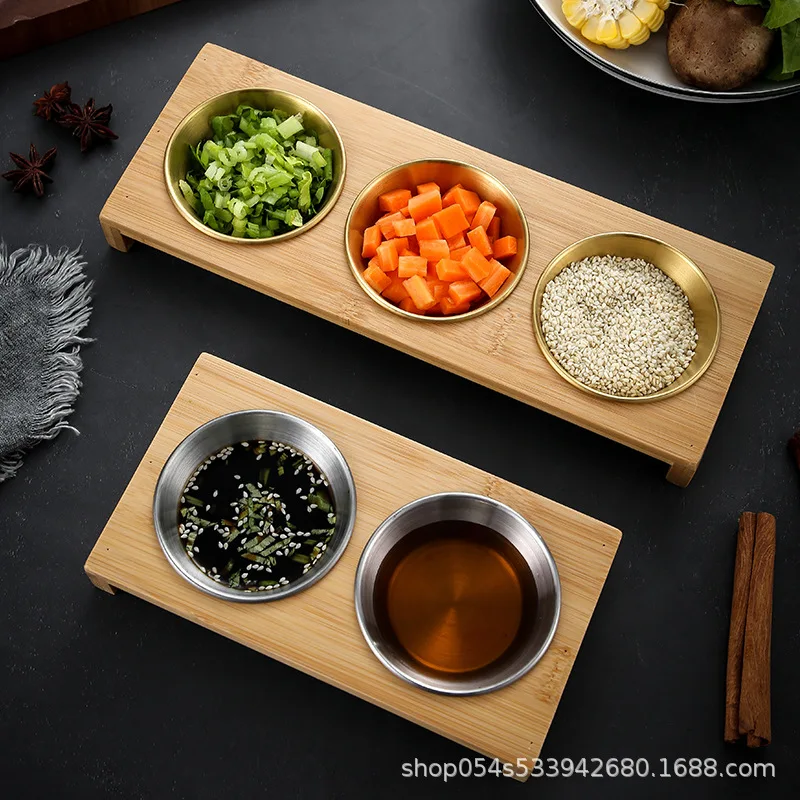 304 Stainless Steel Sauce Dish, Barbecue, Hot Pot, Cold, Compartment with Wooden Pallet, Sauce Dipping Plate