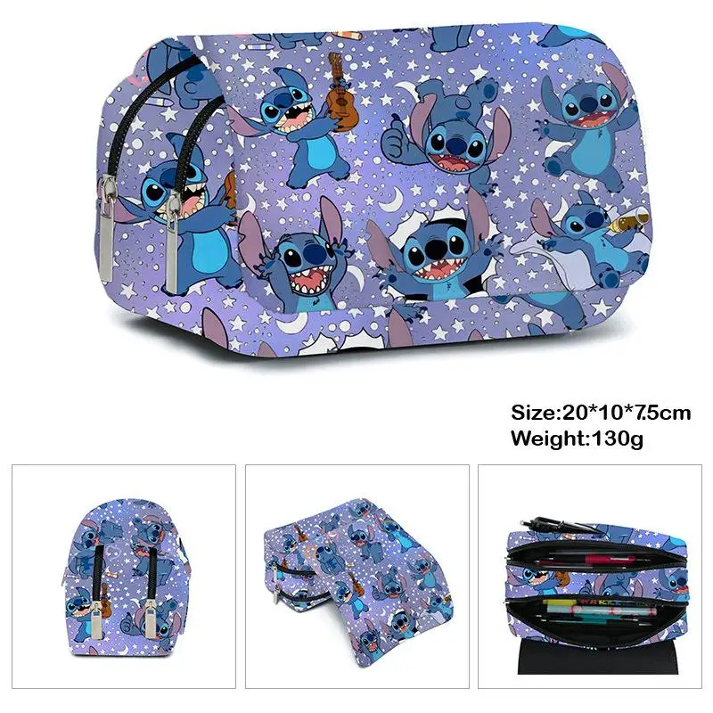 Disney Stitch tas pena kapasitas besar pelajar, tas pena genggam lapisan ganda tas penyimpanan lucu dan sederhana kotak alat tulis