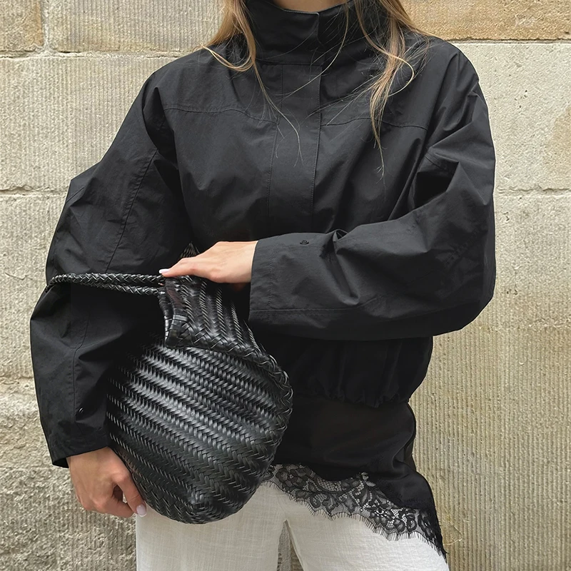 OMSJ Female Drawstring Outdoor Jackets 2026 Fall Winter Simple Solid Stand Neck Zip Up Sport Jogging Casual Coat Chic Streetwear