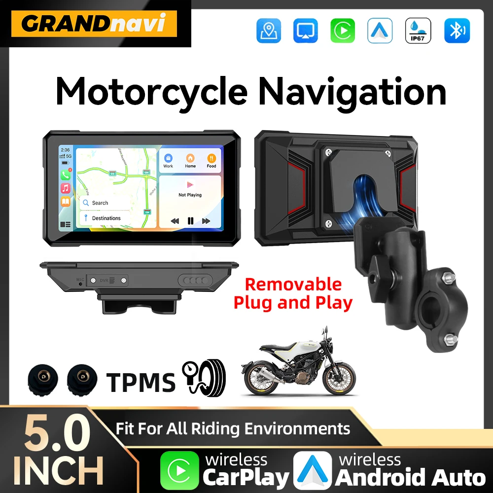 

5 inch Motorcycle GPS Navigation Wireless Carplay Android Auto Magnetic Quick Release Bracket Portable Bluetooth Moto Motorbike
