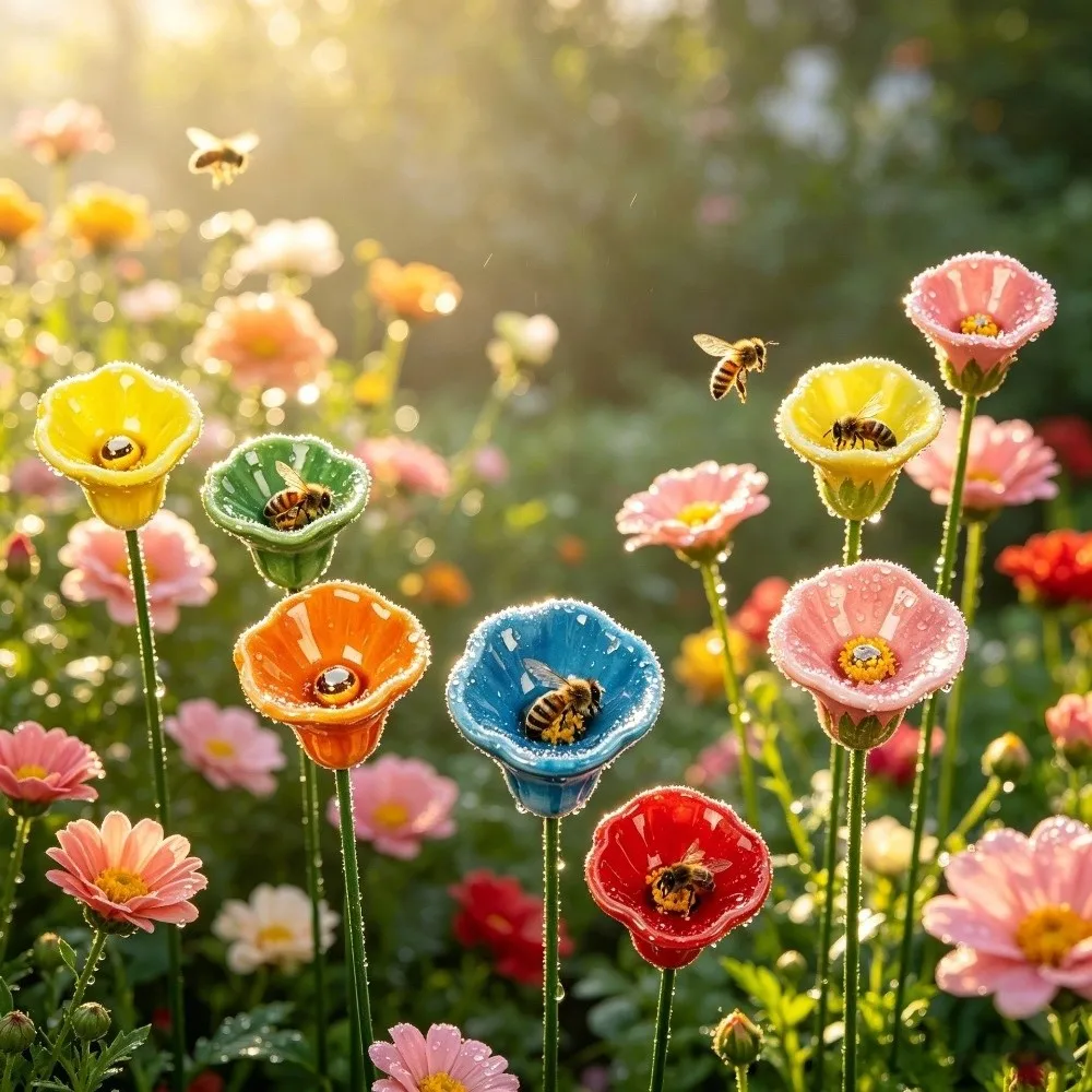 3pcs Ceramic Bee Butterfly Water Dispenser Flower Shaped Garden Decoration Insect Drinking Cup Multi-function Gifts