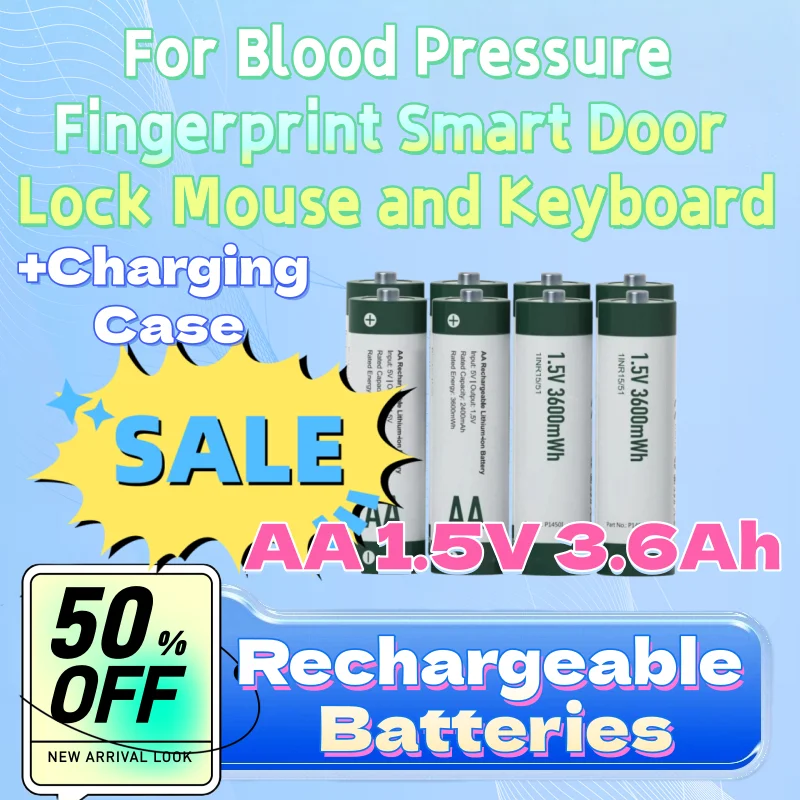 

Rechargeable Li-ion Battery New AA 1.5V 3.6Ah for Blood Pressure Fingerprint Smart Door Lock Mouse and Keyboard+Charging Case