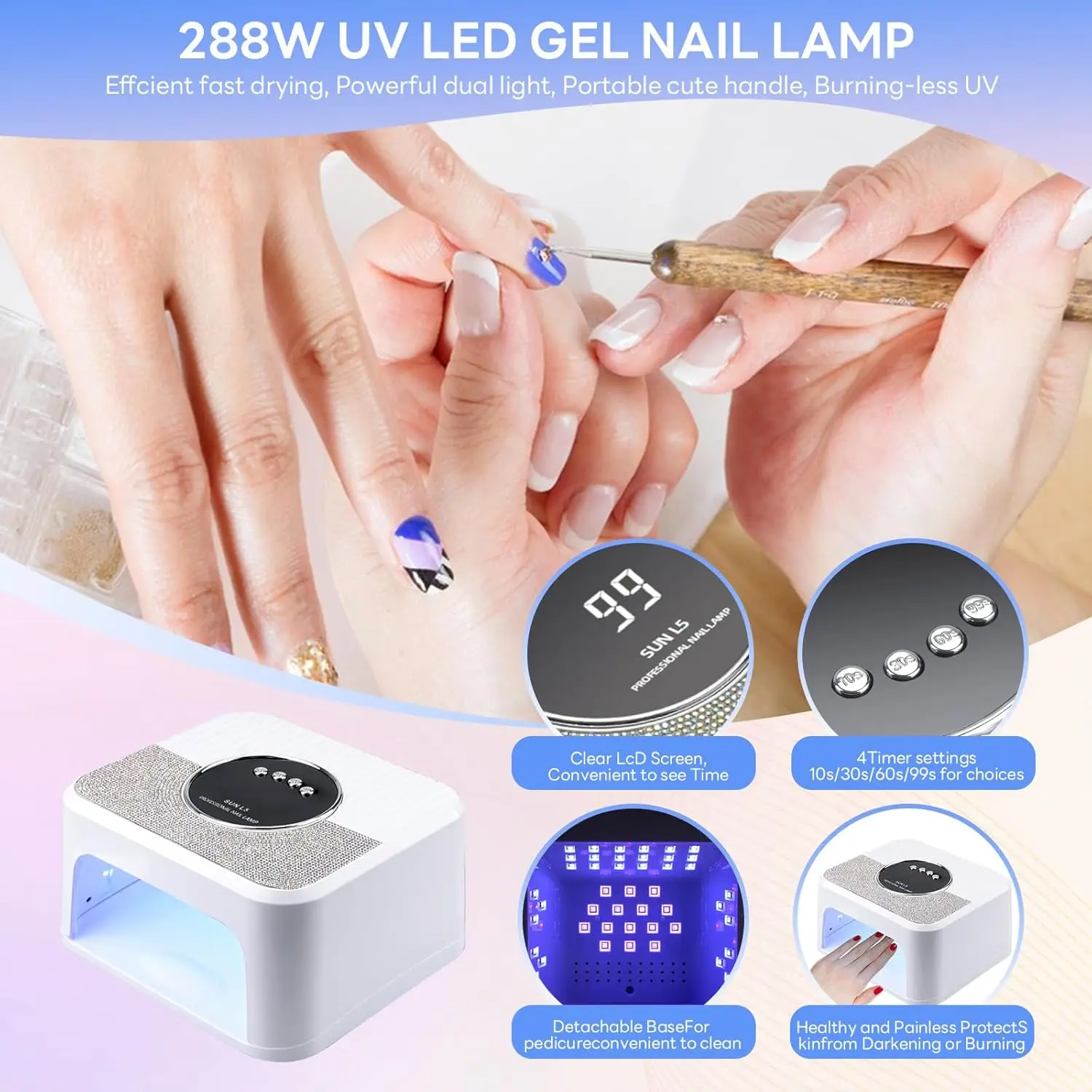 288W UV LEDネイルランプ ジェルネイル用、オートセンサー＆4段階設定で高速硬化
