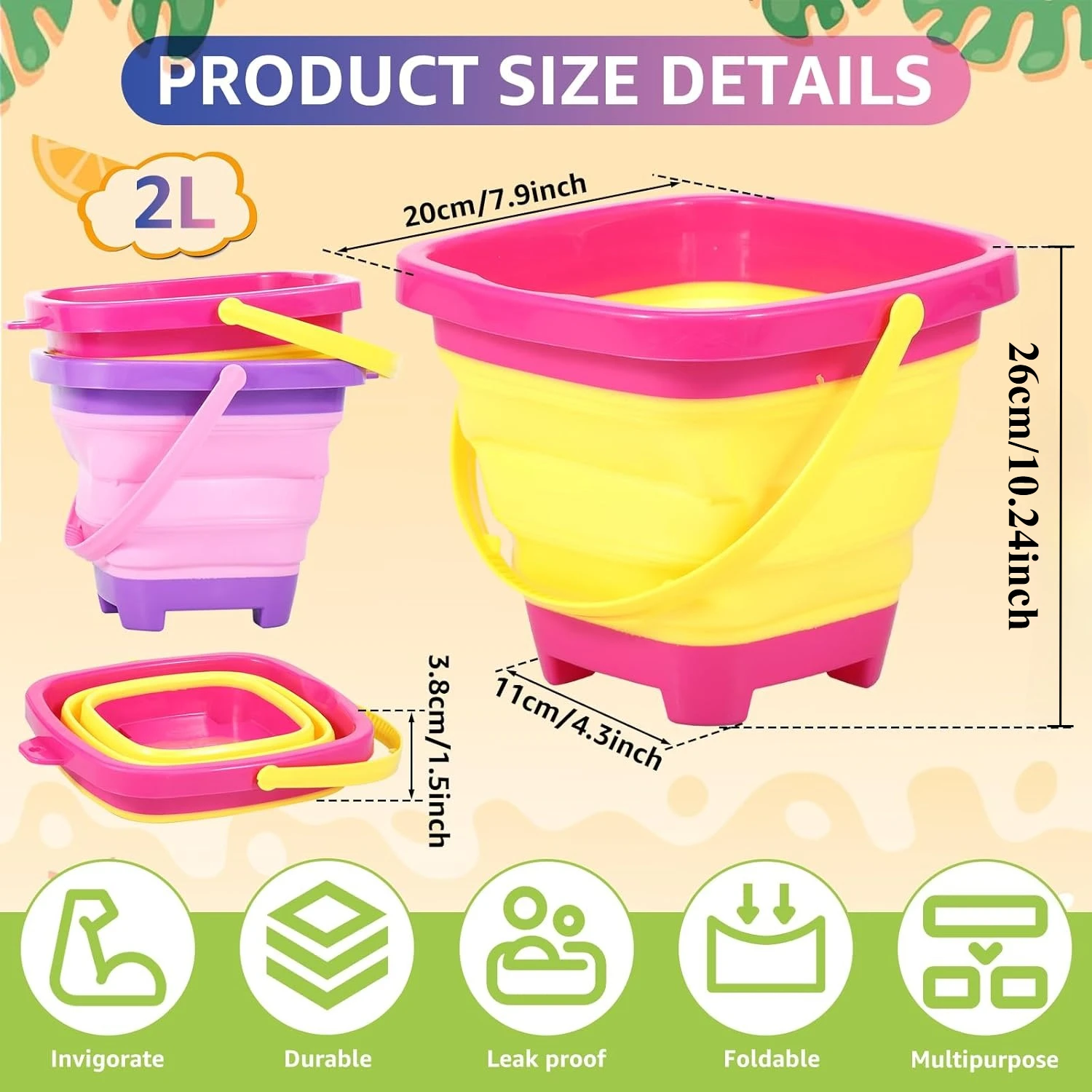 Foldable Beach Bucket Silicone Collapsible Toy Buckets for Kids for Summer Activities Camping Gear Travel Beach Sand Toys