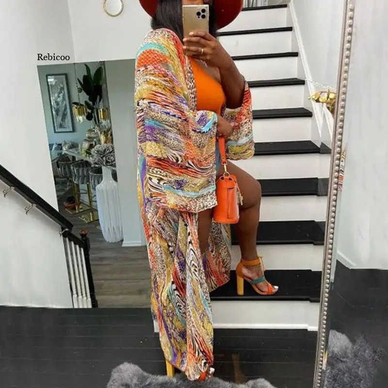 

Women Printed Loose Beach Cardigan Cover Up Vintage long Sleeve Blusas Loose Holiday Long Shirt