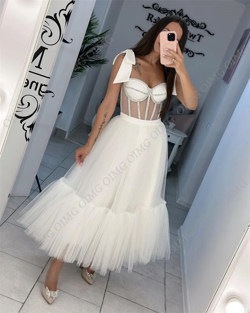 OIMG gaun pernikahan Tulle pendek untuk wanita gaun Cocktail Sweetheart tanpa lengan Vestido De Novia jubah Sweetheart Do