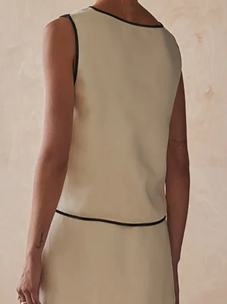 

Casual Color Blocked Sleeveless Tank Tops&Half Skirts Sets Elegant Irregular Loose Commute Outfits Women New Pocket Skirts Set