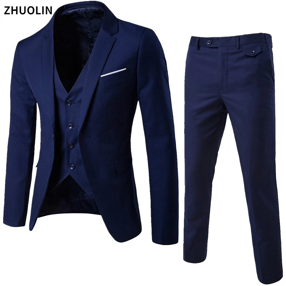 Men Suits Blazers 3 Pieces 2 Sets Elegant Luxury Wedding Business Vest Pants Blue Coats 2022 Formal Jackets Korean