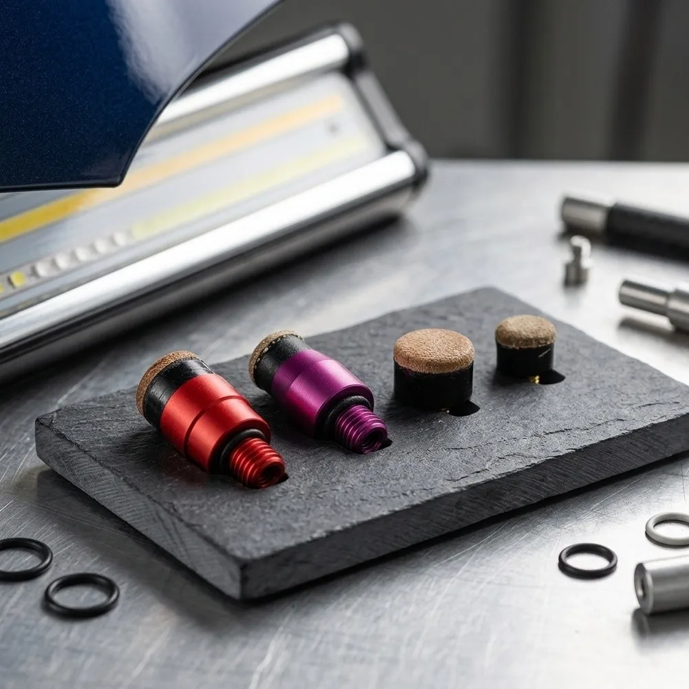 Leather-Contact Dent Removal Tool with M8 Threaded Aluminum Base and Two Spare Cowhide Tips for Continuous Workshop Use