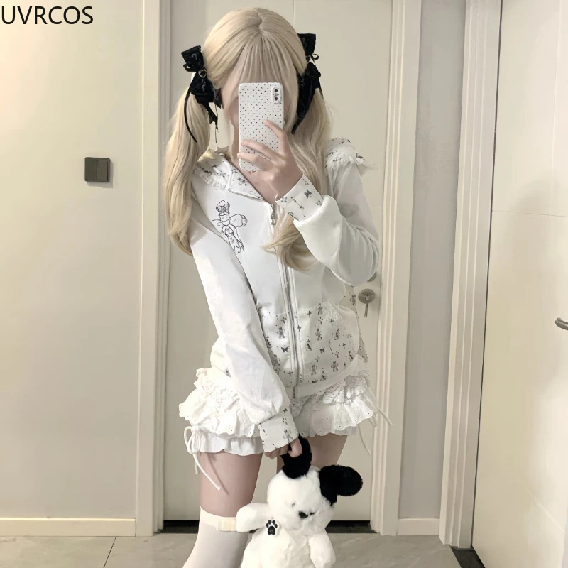 Y2k Aesthetic Lolita Style 2 Piece Set Women Kawaii Print Bunny Ear Hooded Sweatshirt Jacket Ruffle Mini Skirt Gothic Skirt Suit